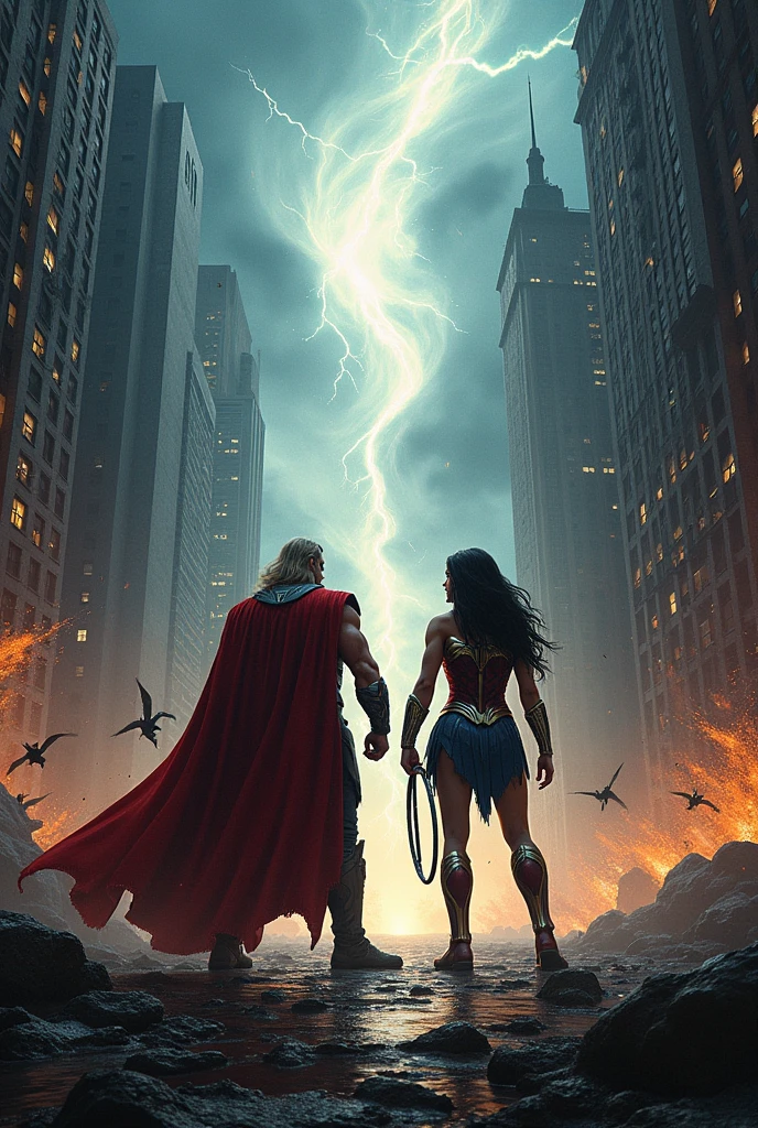 Chapter 1: The RiftPrompt: "The heart of New York City torn apart by a massive rift of dark, swirling energy. Thor, in battle-ready pose with Mjölnir crackling with lightning, stands firm. Wonder Woman, her armor gleaming and Lasso of Truth glowing, stands beside him. Demonic creatures emerge from the rift, causing chaos and destruction in the surrounding area."