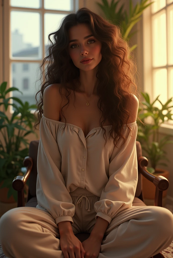 (photorealism:1.2), beautiful woman, sitting on bed, wearing loose off-shoulder top, pajama pants, long curly hair, indoors, soft lighting, plants in background, window with sunlight, cozy room, relaxed pose, realistic, intricate details, warm colors, by Greg Rutkowski, by Alphonse Mucha,wearing stockings and slim thick with see through clothes