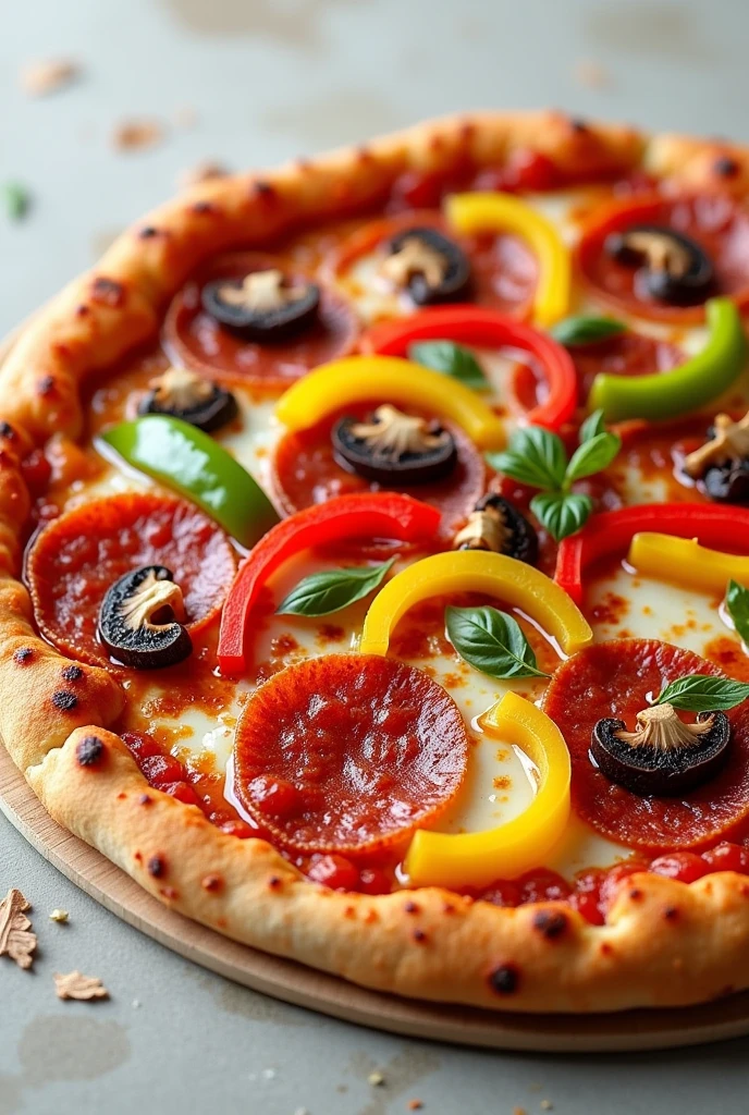 Crispy pizza base, pepperoni, mozzarella, Peppers, Mushrooms.
pizza
