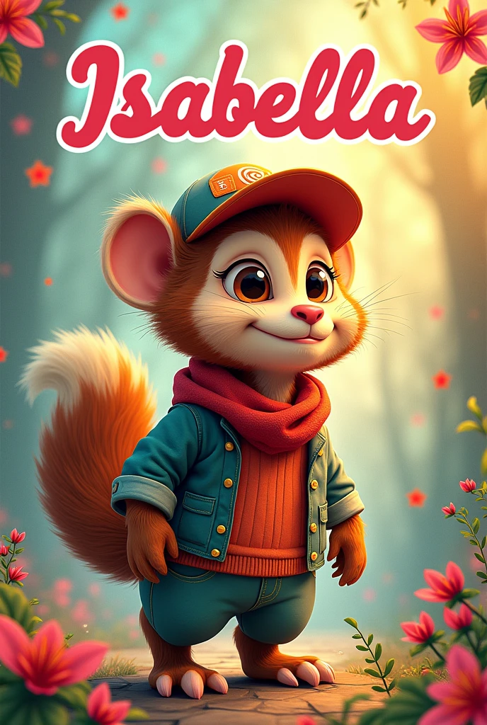 Make a flip book cover Write Isabella's name written on the top as a title, It also includes an animated animal with clothes but that is not fictitious and is colorful.