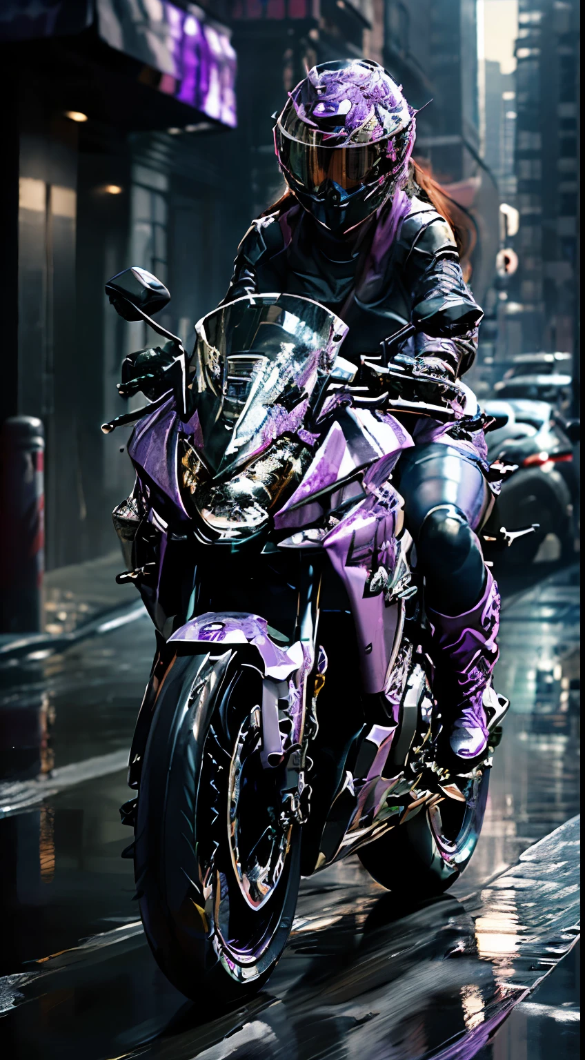 Highest image quality, Excellent details, Ultra-high resolution, (Honesty: 1.4), Best example, Favor the details, Highly concentrated 1girl, Beautiful face, Wearing purple and silver mecha, Wearing a mecha helmet, Hold the directional controller, Riding a motorcycle, The background is a high-tech lighting scene of a future city.