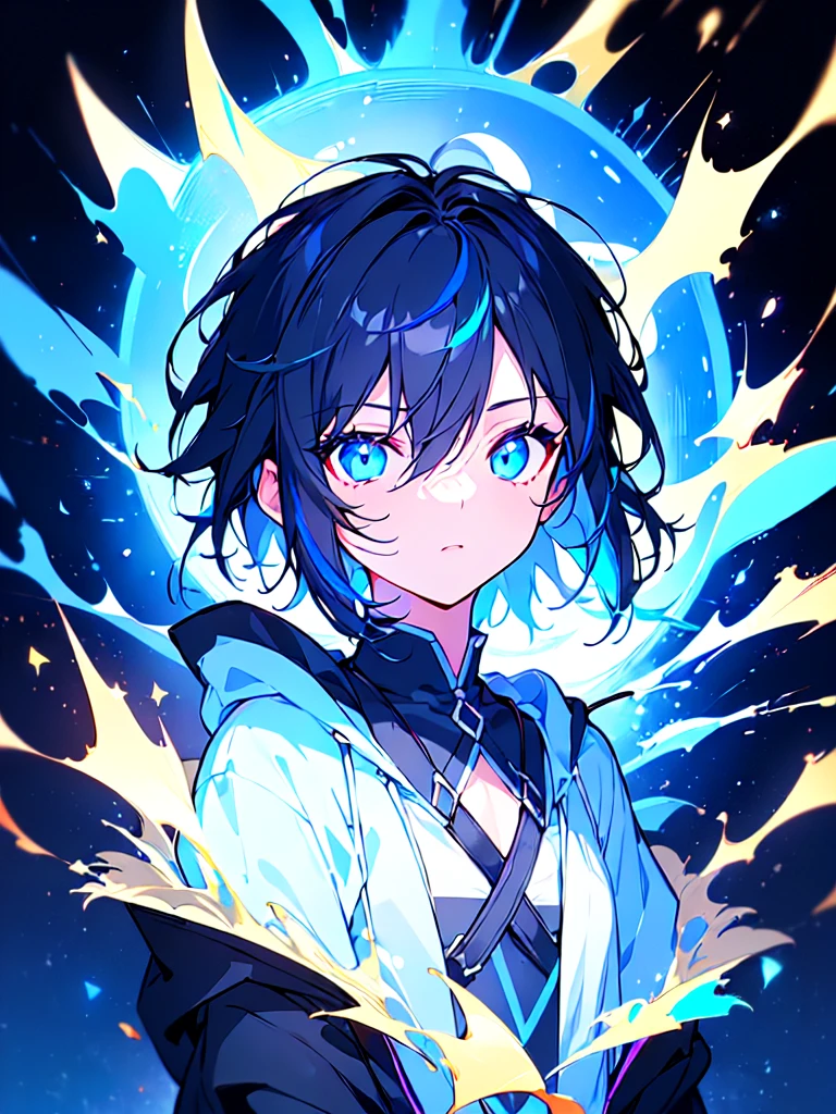[(BLACK BACKGROUND:1.5),::5], ((((masterpiece)))), high quality, ultra very high resolution, full color, (((solo))), ((little boy)), BLACK short hair, ((Blue streaked hair)), (oriental deepblue eyes), anime, ((upper body)), Summer clothes, neon light, black parka, glaring