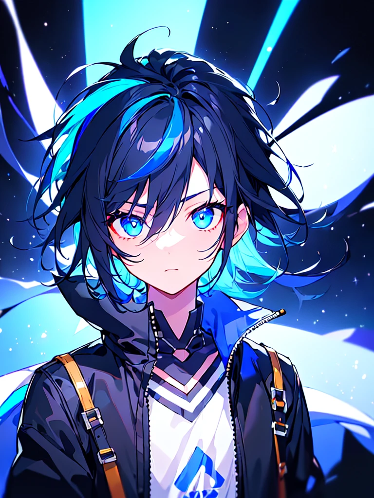[(BLACK BACKGROUND:1.5),::5], ((((masterpiece)))), high quality, ultra very high resolution, full color, (((solo))), ((little boy)), BLACK short hair, ((Blue streaked hair)), (oriental deepblue eyes), anime, ((upper body)), Summer clothes, neon light, black parka, glaring