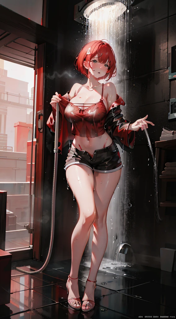 A naked woman in her 30's, naked, shiny black boots, leather jacket, large breasts and nipples. on an alien world covered in wet meat, blood, entails, and organs, a temple of flesh and bone in the distance. She is standing, smiling and saluting with one hand.  lots of cum dripping and squirting from her vagina after intense sex. It is Raining blood.