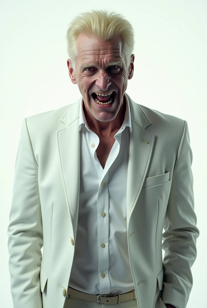 an adult man with blond hair and red eyes in a white suit and a psychopath smile