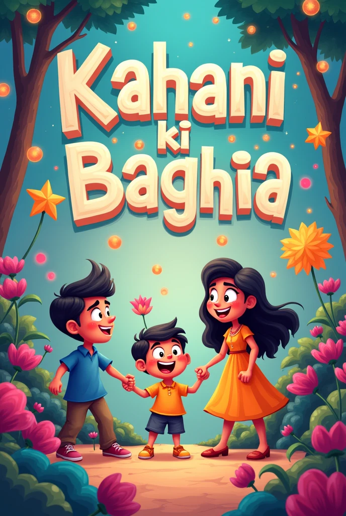 Create an cartoon  image  in which add some character and write kahani ki baghia in the center of image
Add some human cartoon character in it
