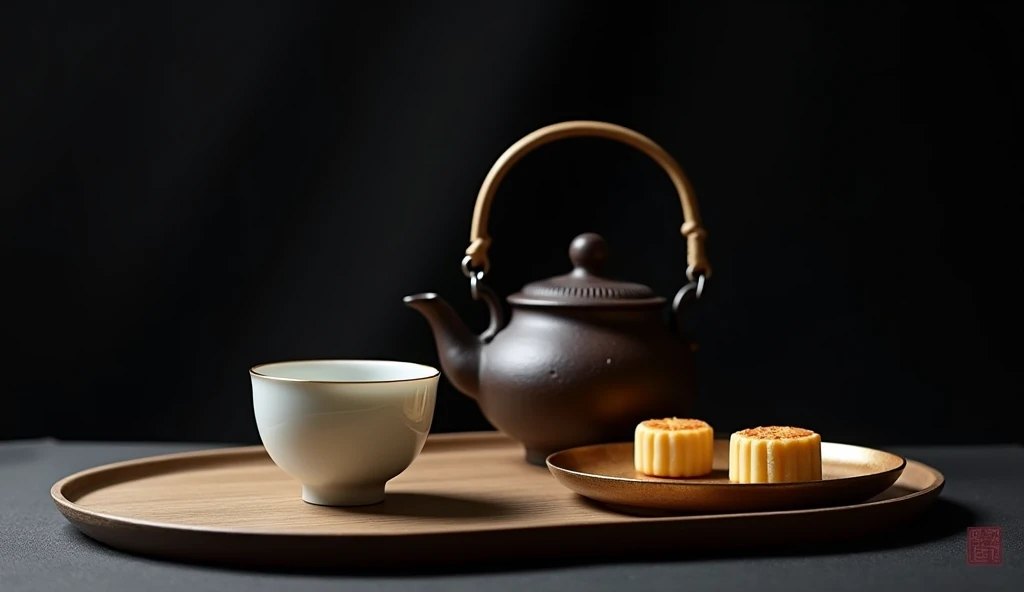 The elegant and refined tea ceremony brings a touch of pure tea charm,bloom in silence。Cast iron kettles are tempered over time,Forge a unique texture,Exuding a warm and moist atmosphere。Beautiful white porcelain cup,Delicate and smooth glaze,Just right to carry the fragrance of tea。There are two golden dishes on the plate、Fragrant mooncakes,,It forms a tranquil picture full of Zen。
Background gradient deep black,Enhance the texture of teaware,It feels like you are in a peaceful Zen tea space。Interlacing of light and shadow,Exuding the warmth and softness of the afternoon,Provides a comfortable and relaxing atmosphere。
The overall picture is minimalist but rich in layers,Elegance reveals a vague romantic charm。Meticulous photography techniques,Capturing the Zen and tranquility of the tea ceremony,Demonstrate high-quality visual experience。