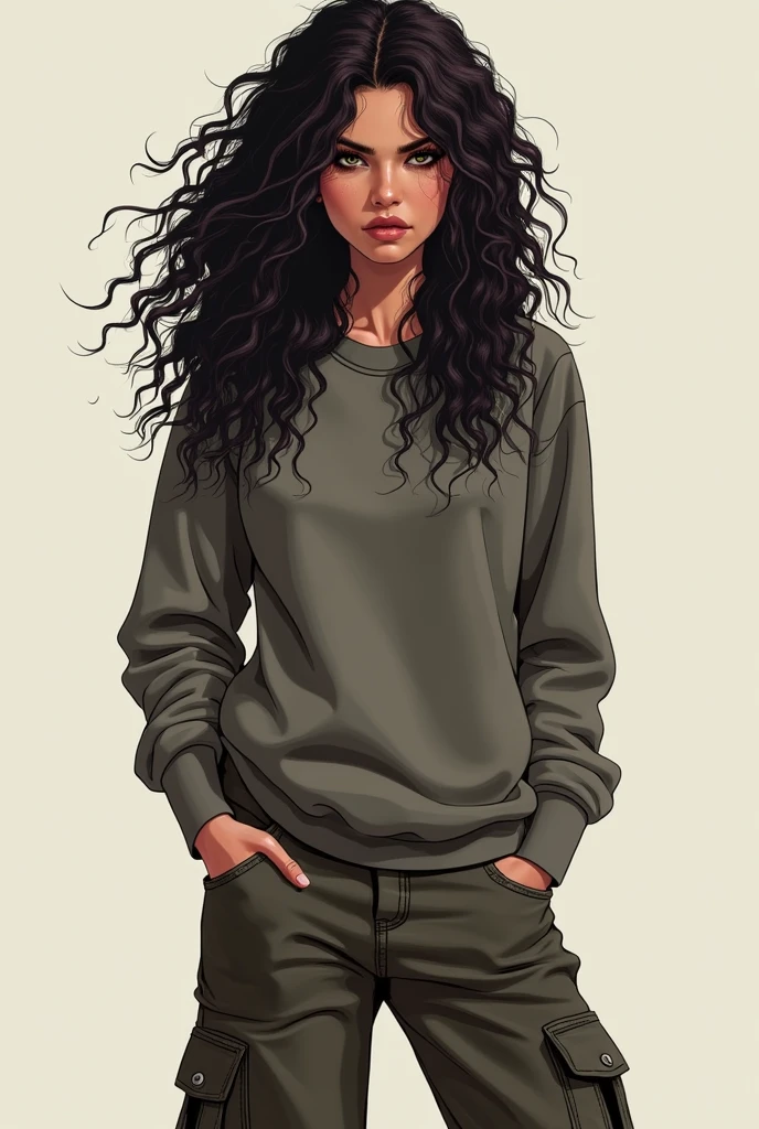 A girl with curls past her shoulders in gangster style , wearing a sweatshirt and cargo pants 