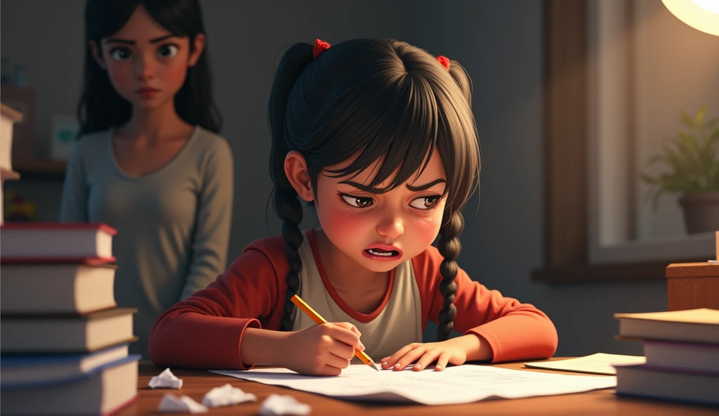 A tense scene in a modern study room, 8-year-old girl, angry expression, tears in eyes, holding a pencil, frustrated with homework, books scattered on the desk, a concerned mother standing nearby, emotional conflict, dramatic lighting, realistic, warm color palette