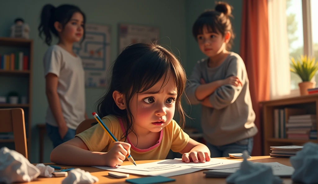 A tense scene in a modern study room, , angry expression, tears in eyes, holding a pencil, frustrated with homework, books scattered on the desk, a concerned mother standing nearby, emotional conflict, dramatic lighting, realistic, warm color palette