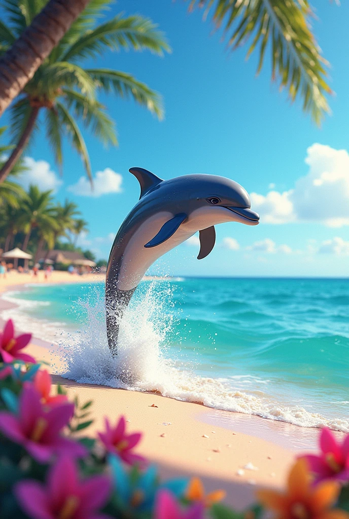 Dolphin on a colorful beach with colorful aspects and rainbow