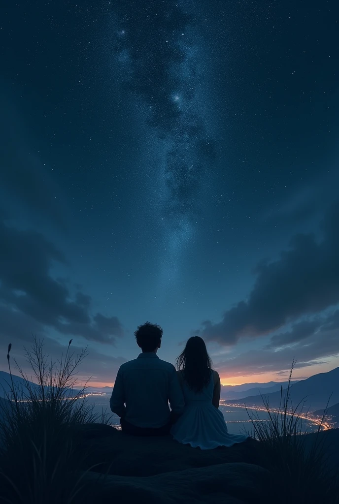 A book cover of shadow of dark sky full of stars and a far away glimpse of lights on the town and a man and woman facing back, sitting and looking at the sky. Make it like it took picture from the left side