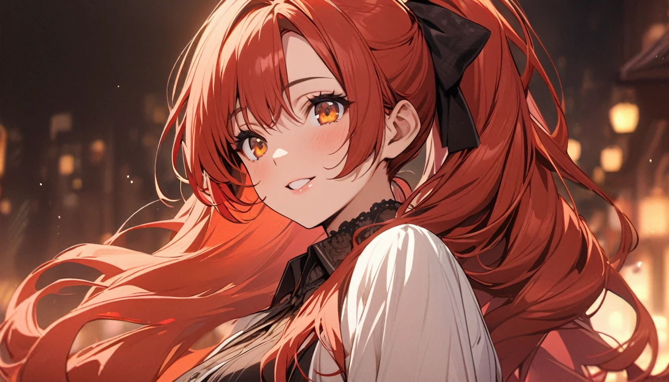 girl, long hair, red hair, orange eyes, ponytail, beautiful, cute, mature. high detail, beautiful color