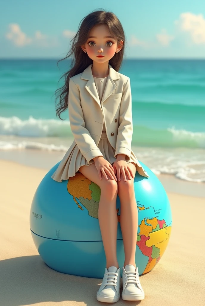 girl in blazer skirt and sneakers sitting on top of a really small beach ball, and the beach ball looks like the earth.