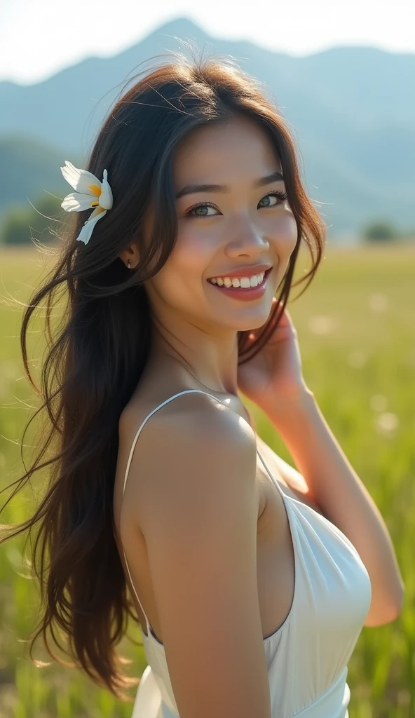 (Masterpiece),(Complexity:1.3),(Realistic),Female,,Cute and bright smile,(Long beautiful black hair, slightly curled),Blue eyes,Big breasts,(Thai face),(Very beautiful face),Fair skin,,Wearing a short skirt,Standing to the side holding her hair,(Wind blows gently from right to left),Has a small flower,(Wearing a white silk shirt,both shoulders visible),Unique,(Outdoors, open area,with grass and mountains),Viewable in many ways,Full body view,Beautifully detailed,Natural,Complex lighting,Backlight display,Professional photographer,Clear,Drama,Award winning,Cinematic lighting,(film grain,Background blur,Foreground blur,Bokeh,Depth of field)