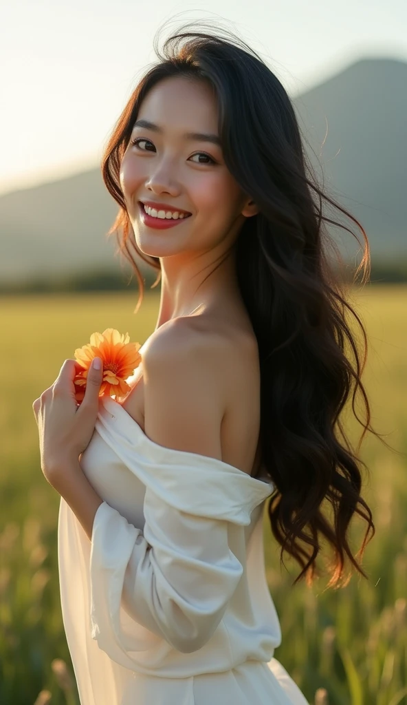 (Masterpiece),(Complexity:1.3),(Realistic),Female,,Cute and bright smile,(Long beautiful black hair, slightly curled),Blue eyes,Big breasts,(Thai face),(Very beautiful face),Fair skin,,Wearing a short skirt,Standing to the side holding her hair,(Wind blows gently from right to left),Has a small flower,(Wearing a white silk shirt,both shoulders visible),Unique,(Outdoors, open area,with grass and mountains),Viewable in many ways,Full body view,Beautifully detailed,Natural,Complex lighting,Backlight display,Professional photographer,Clear,Drama,Award winning,Cinematic lighting,(film grain,Background blur,Foreground blur,Bokeh,Depth of field)