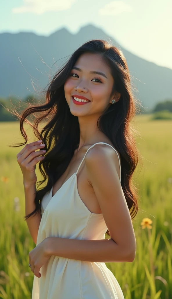 (Masterpiece),(Complexity:1.3),(Realistic),Female,,Cute and bright smile,(Long beautiful black hair, slightly curled),Blue eyes,Big breasts,(Thai face),(Very beautiful face),Fair skin,,Wearing a short skirt,Standing to the side holding her hair,(Wind blows gently from right to left),Has a small flower,(Wearing a white silk shirt,both shoulders visible),Unique,(Outdoors, open area,with grass and mountains),Viewable in many ways,Full body view,Beautifully detailed,Natural,Complex lighting,Backlight display,Professional photographer,Clear,Drama,Award winning,Cinematic lighting,(film grain,Background blur,Foreground blur,Bokeh,Depth of field)