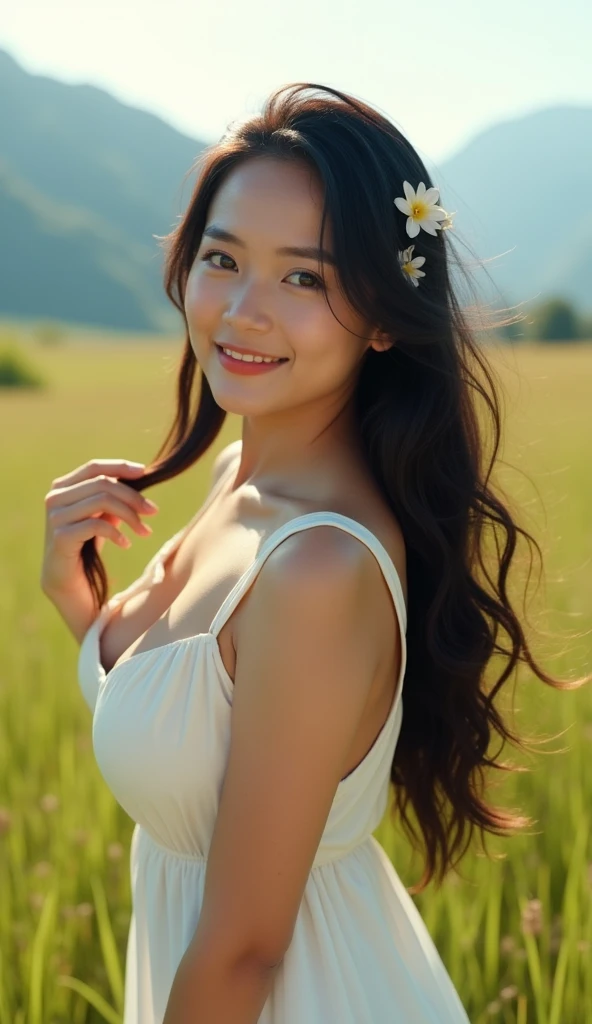 (Masterpiece),(Complexity:1.3),(Realistic),Female,,Cute and bright smile,(Long beautiful black hair, slightly curled),Blue eyes,Big breasts,(Thai face),(Very beautiful face),Fair skin,,Wearing a short skirt,Standing to the side holding her hair,(Wind blows gently from right to left),Has a small flower,(Wearing a white silk shirt,both shoulders visible),Unique,(Outdoors, open area,with grass and mountains),Viewable in many ways,Full body view,Beautifully detailed,Natural,Complex lighting,Backlight display,Professional photographer,Clear,Drama,Award winning,Cinematic lighting,(film grain,Background blur,Foreground blur,Bokeh,Depth of field)
