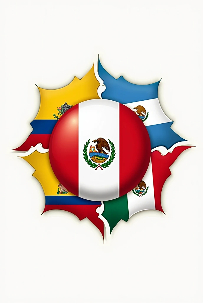 A FOOD LOGO FROM A WORLD WHERE THE FLAGS OF COLOMBIA ARE AT THE EXTREMES, argentina, Italy, MEXICO AND AT THE CENTER OF THE WORLD IS THE FLAG OF PERU 
