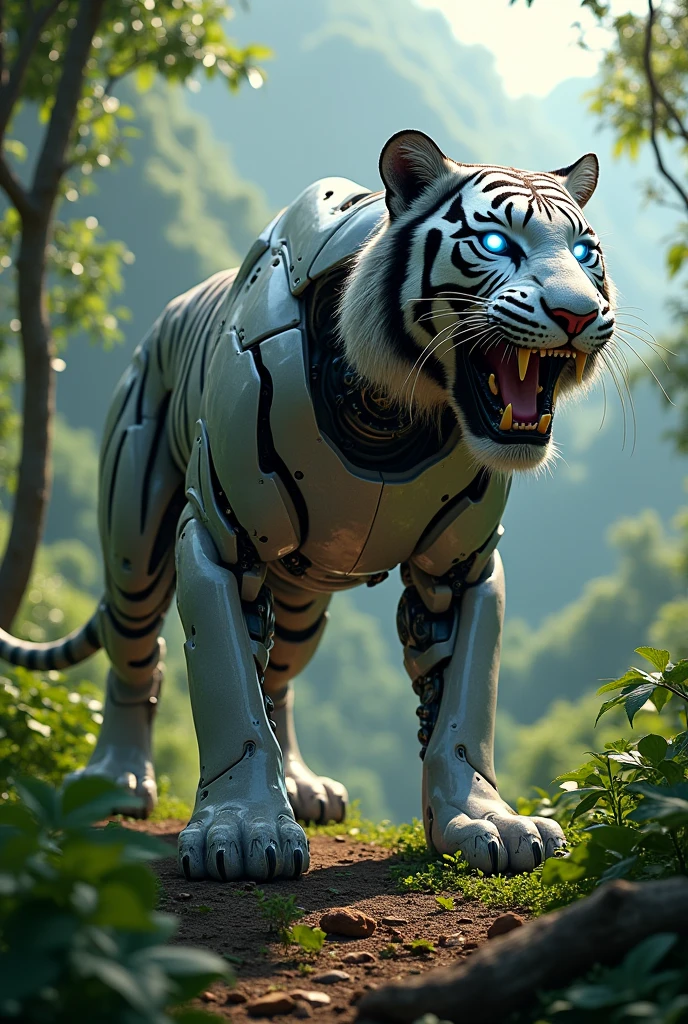 Photorealism 1.2 high definitions high details bionic tiger robotic at jungle roaring at hills full metal blue eyes