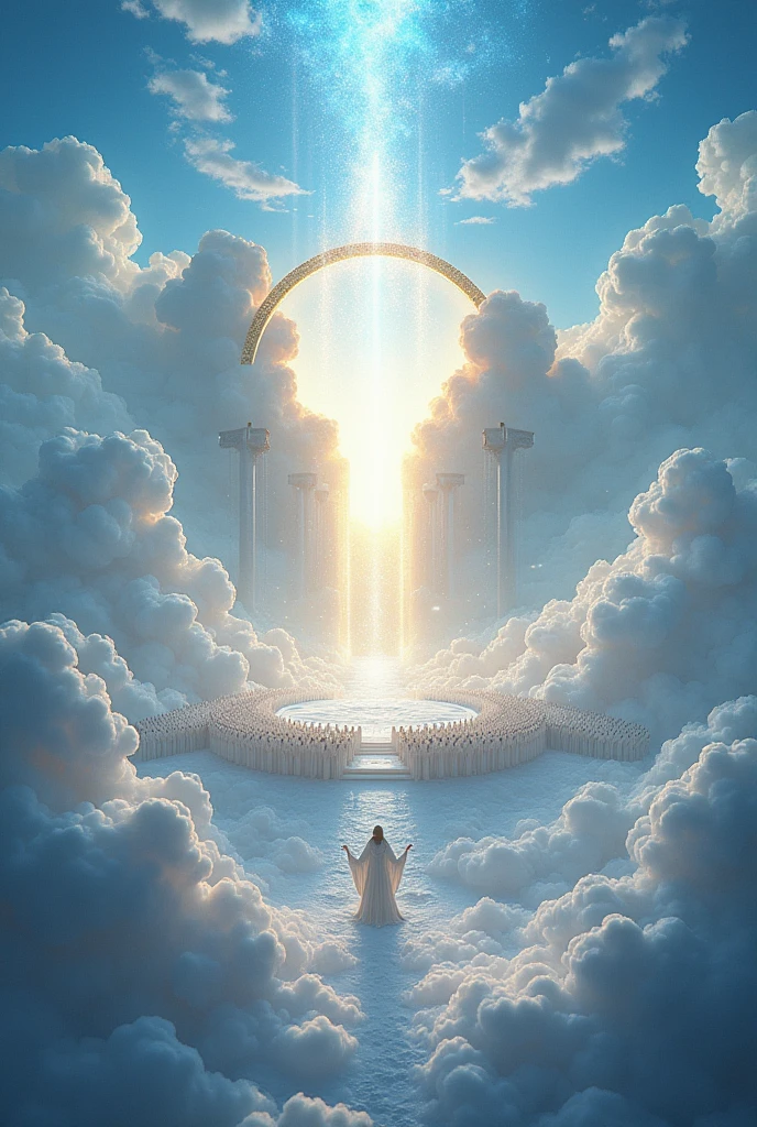 a vision of heaven filled with thousands upon thousands of angels, myriad of myriads of angels around a radiant throne , throne like ice covered with precious stones, bright as the sun, the sky with beautiful white clouds, a celestial arch above the throne,