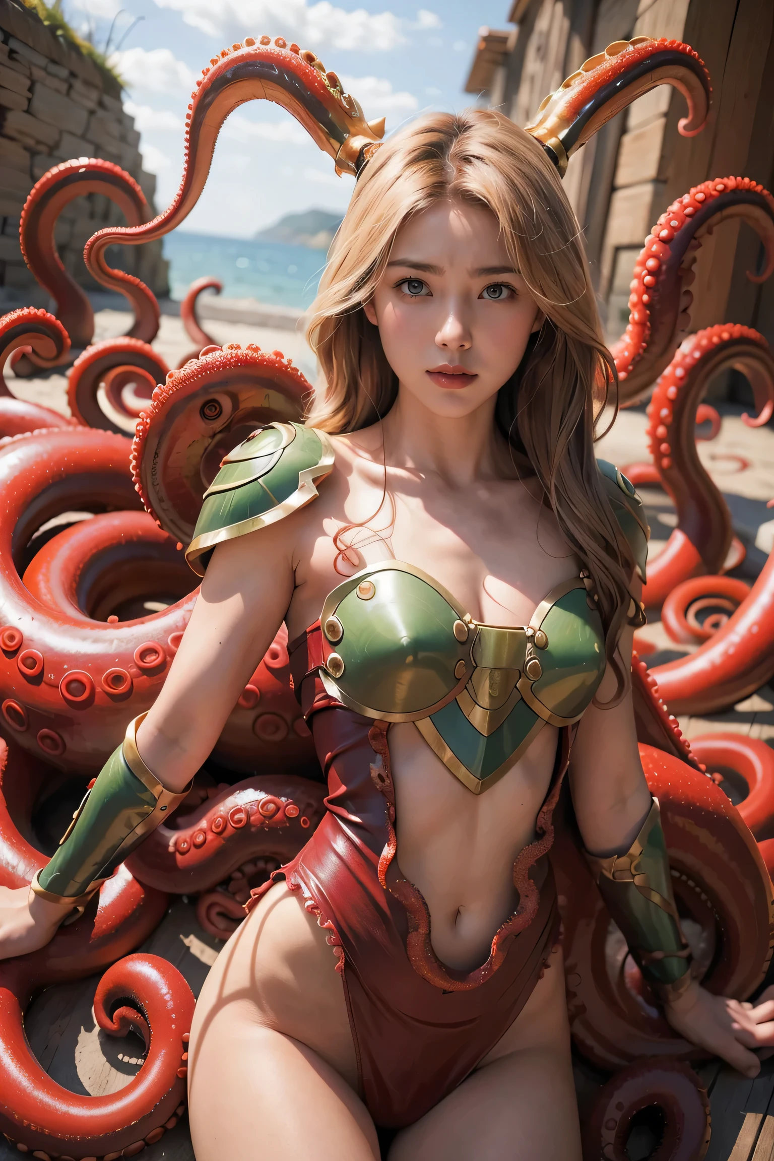 1girl,Highest quality、8k、masterpiece、Realistic, Sharp focus, High resolution, High resolution, Portraiture, One person,  Valkyrie、Seraphim the Female Warrior、Beautiful woman, ((Dynamic pose)),Bikini Armor, Tentaclesアーマー、Glamour body,６Holding a sword of books、(Battle with Aliens,attacking with a sword), At the beach、background、(((octopus、Tentacles)))