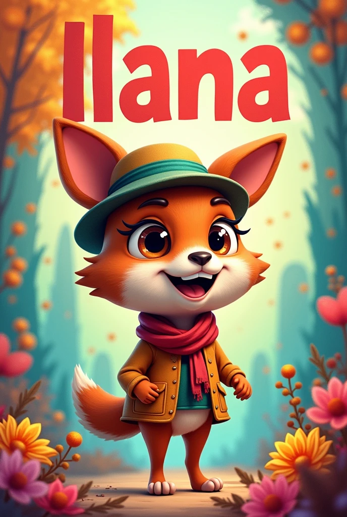 Make a flip book cover Write Ilana's name written on the top as a title, It also includes an animated animal with clothes but that is not fictitious and is colorful.