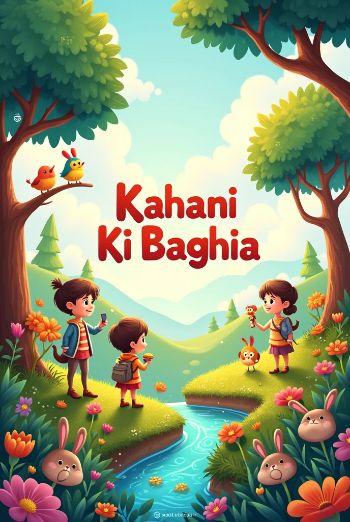 Create an cartoon  image  in which add some character and write kahani ki baghia in the center of image
Add some human cartoon character and birds and animal in it

