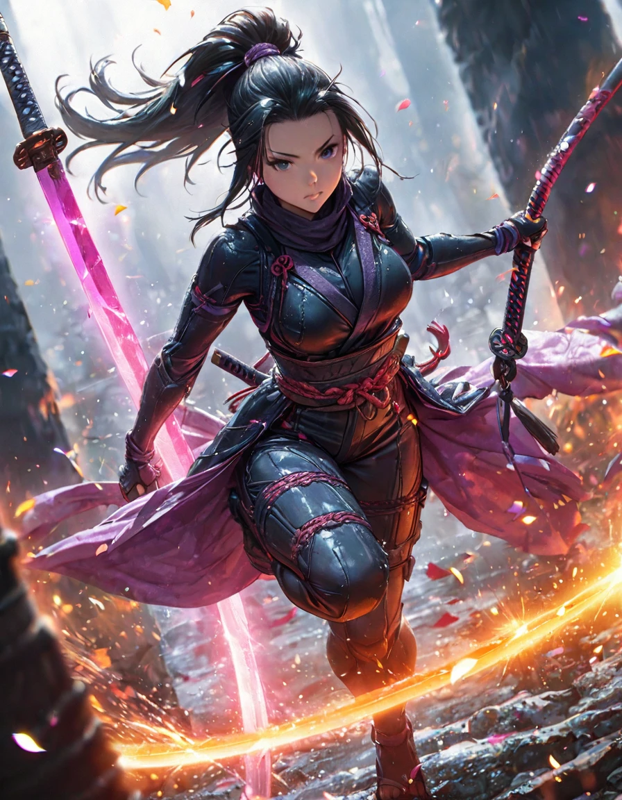 Highest quality, Great quality, 16K, Unbelievably absurd, Very detailed, delicate and dynamic, Natural light, The particles reflect light, Diffuse reflection of light, Many rainbow-colored petals fall, Sparkling Sun, Diffuse reflection of light, Create amazing image effects, Cool girl, Serious, passion A female ninja, full body, ponytail hair, (ninja suit:1.2), (bare arms, bare highs), katana, japanese long sword, , swing, (dynamic angle:1.2), agressive posing:1.2), fantasy, in the battle field