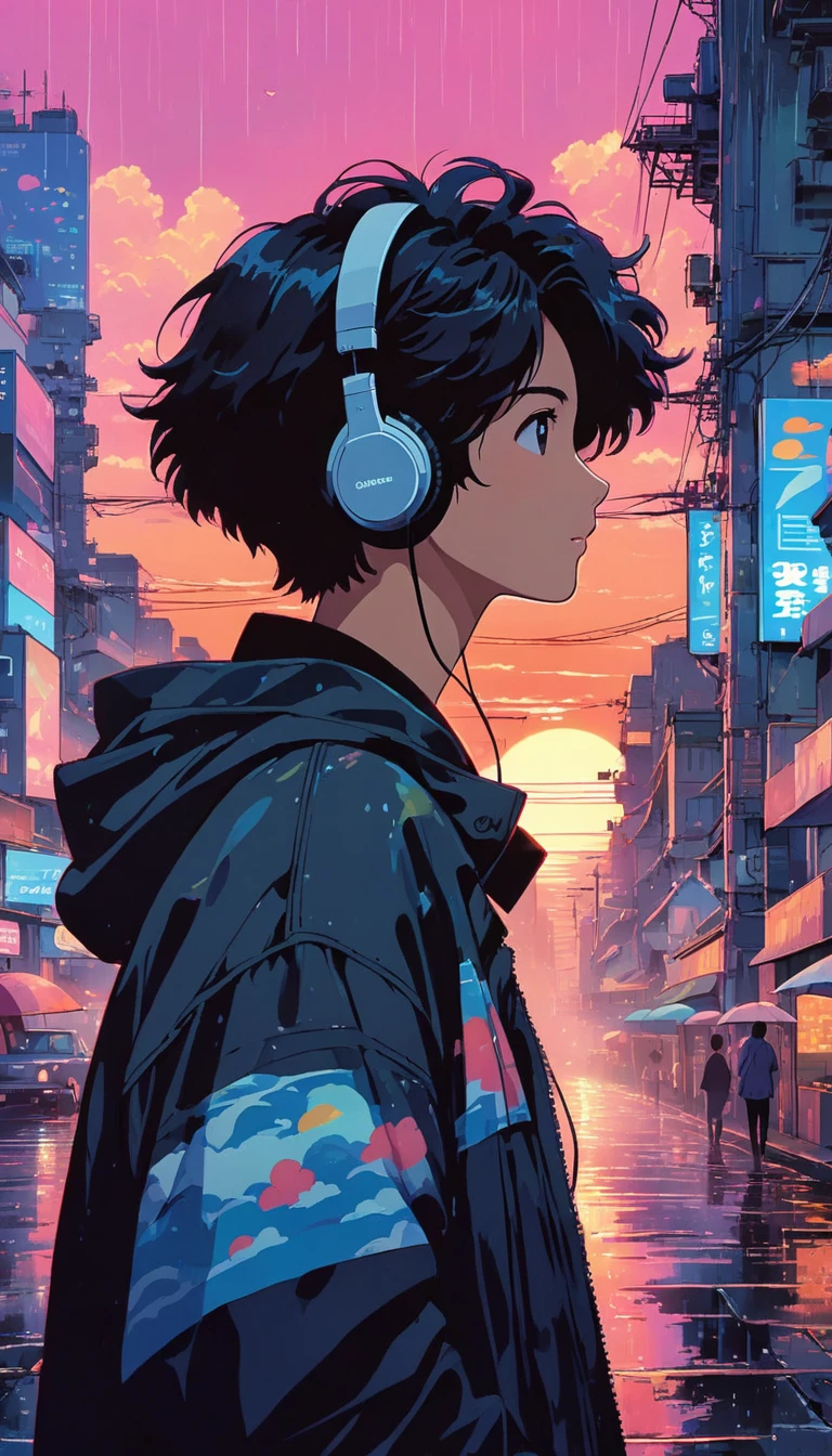 alone, lofi artstyle, lofi art, city, town, 80s anime style, Retro, Lo-Fi, masterpiece, best quality, (extremely detailed CG unity 8k wallpaper), (best quality), (best illustration), (best shadow), absurdres, realistic lighting, (Abyss), beautiful detailed reglow, Headphone, use headphone, 1boy, black hair, cloud, from side, hood, jacket, male focus, messy hair, outdoors, profile, rain, short hair, sky, solo, sunset, upper body