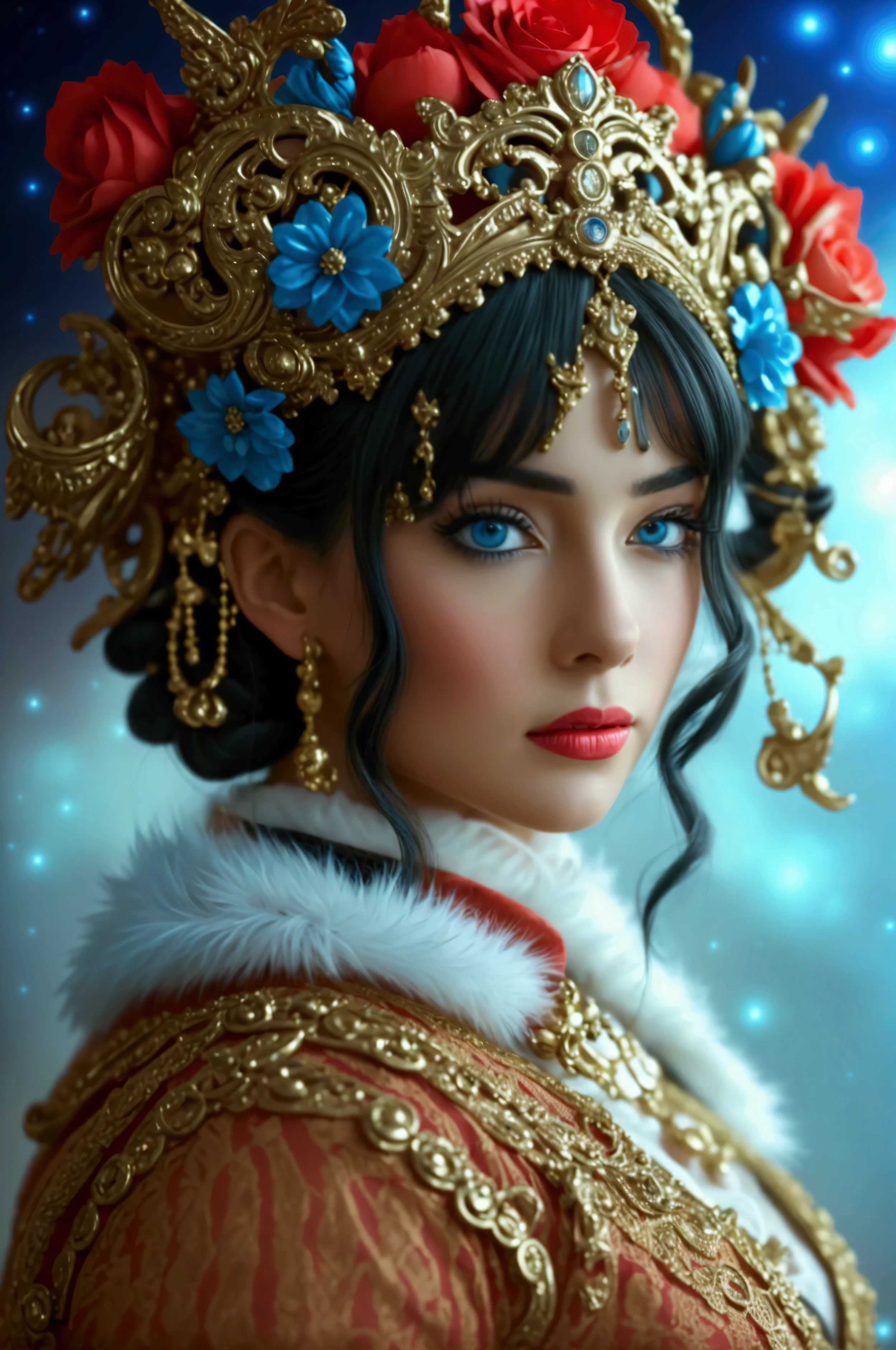 a beautiful portrait of empress, by rubio, perfect blue eyes, with a brilliant, Impossible and striking large Christmas headdress., clothes santa robes, all christmas, SNOW, Symmetrical, dramatic studio lighting, rococo, Baroque, vegetables, Asian, hyperrealism, close up, D&D, Fancy, Intricate, elegant, Very detailed, Digital paint, art station, Octane rendering, 8k, conceptual art, death, sharp focus