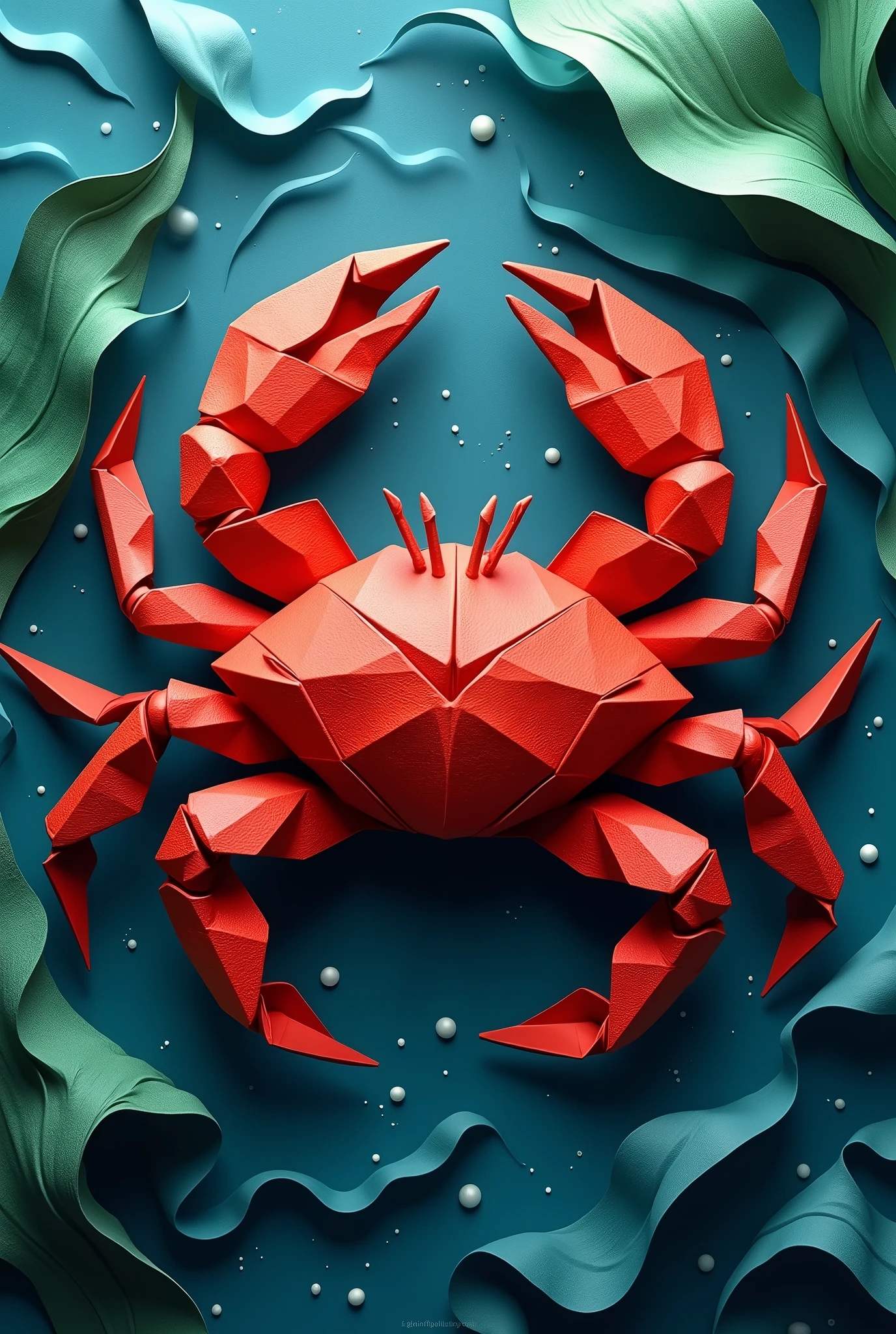 best quality, masterpiece, extremely detailed, origami, flatlay, red fiddler crab, water waves, seaweed,