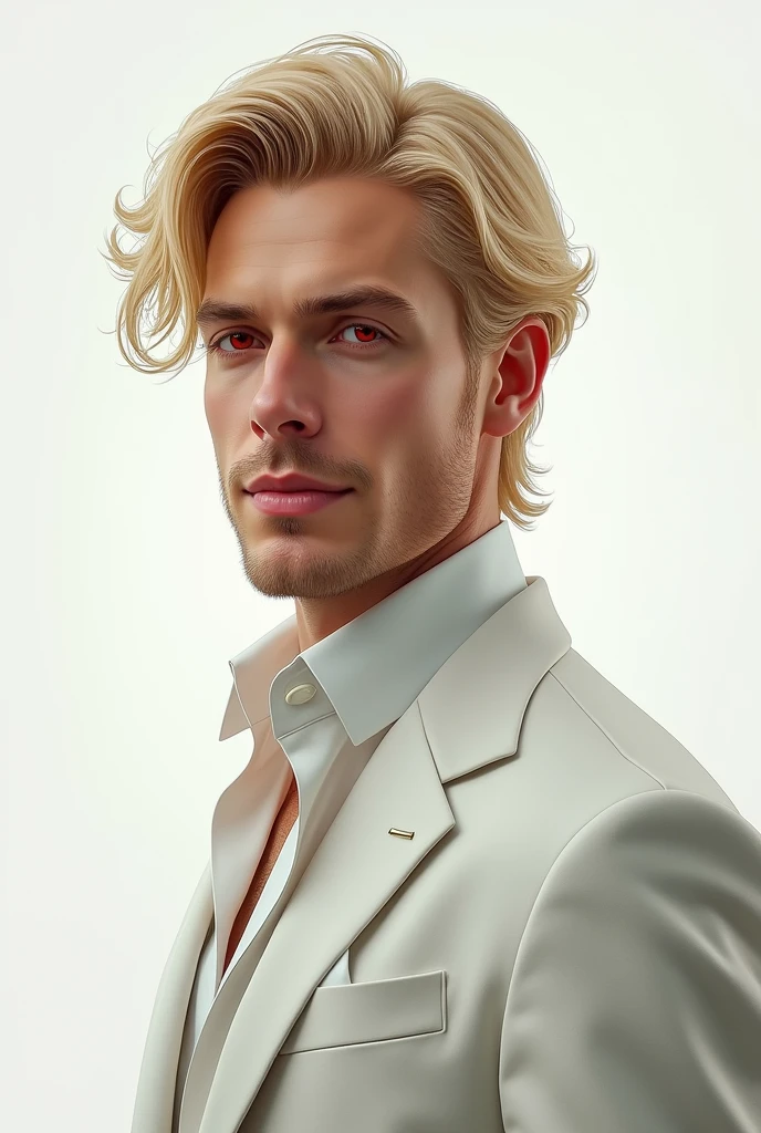 an adult man with blond hair and red eyes in a white suit and a smile