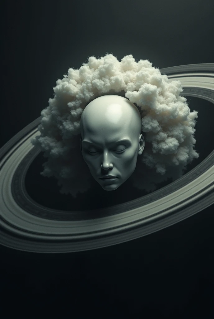 A very uniform and perfect head without a face, which is surrounded by Jupiter&#39;s rings in space 