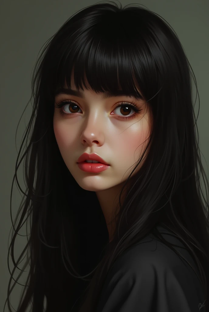 Woman black hair with bangs, brownish skin, black eyes