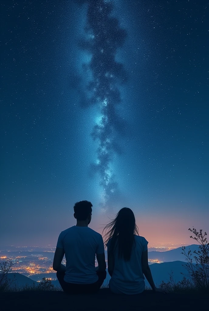 A book cover of shadow of dark sky full of stars with no clouds just a night sky and stars and a far away glimpse of lights on the town and a man and woman facing back, sitting and looking at the sky. Make it like it took picture from the left side