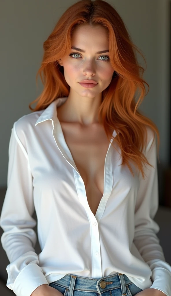 red hair, (best quality,4k,8k,highres,masterpiece:1.2),ultra-detailed,(realistic,photorealistic,photo-realistic:1.37),sexy model,full body, white shirt ,anatomically correct,large breasts,beautiful detailed lips,blonde European 19-year-old,thin body,extremely detailed eyes and face,eyes looking forward at camera, standing with arms in pockets