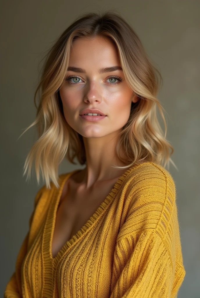 realistic image 32 year old woman wearing 18k knitwear