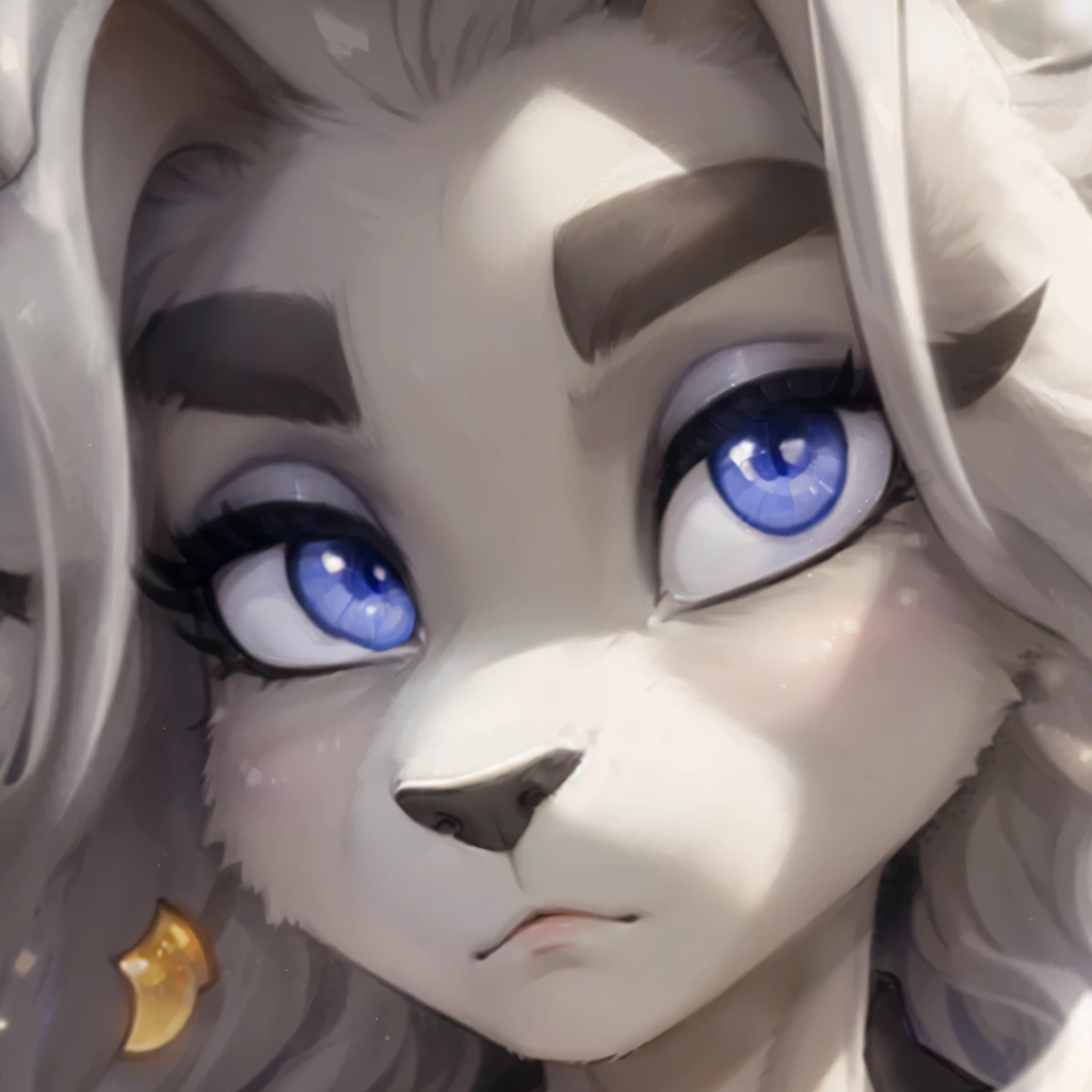 [sybil], [pseudoregalia], ((masterpiece)), ((HD)), ((high res)), ((solo portrait)), ((feet visible)), ((front view)), ((detailed fur)), ((cute cartoon aesthetic)), ((detailed shading)), {(anthro goat woman), (athletic figure), (grey body fur), (black nose), (long droopy bunny ears), (fluffy hair), (yellow narly horns), (bushy dark grey eyebrows), (cute indigo eyes), (long grey eyelashes), (blank expression)}, {(looking at viewer)}, [ambient lighting, castle ruins, nighttime, moonlight]