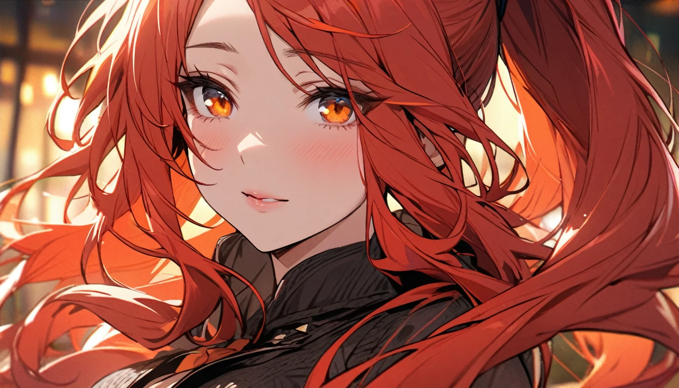 girl, long hair, red hair, orange eyes, ponytail, beautiful, cute, mature. high detail, beautiful color, half eyes