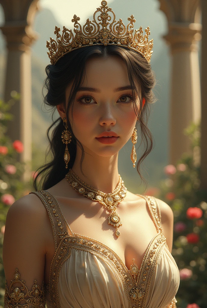 Ethereal Goddess Portrait, complex, elegant, Very detailed, Digital Painting, Art Station, Concept Art, Smooth, Clear focus, illustration, artist：artgerm、greg rutkowski、Alphonse Mucha's、william - adolphe bouguereau 和 stephanie law , Epic Royal Background, Grand Royal Uncut Tiara, Royal Jewels, robot, nature, panoramic, symmetry, Greg Rutkowski, charlie bowater, beeping sounds, Unreal 5, Surrealism, Dynamic Lighting, Fantasy Art  