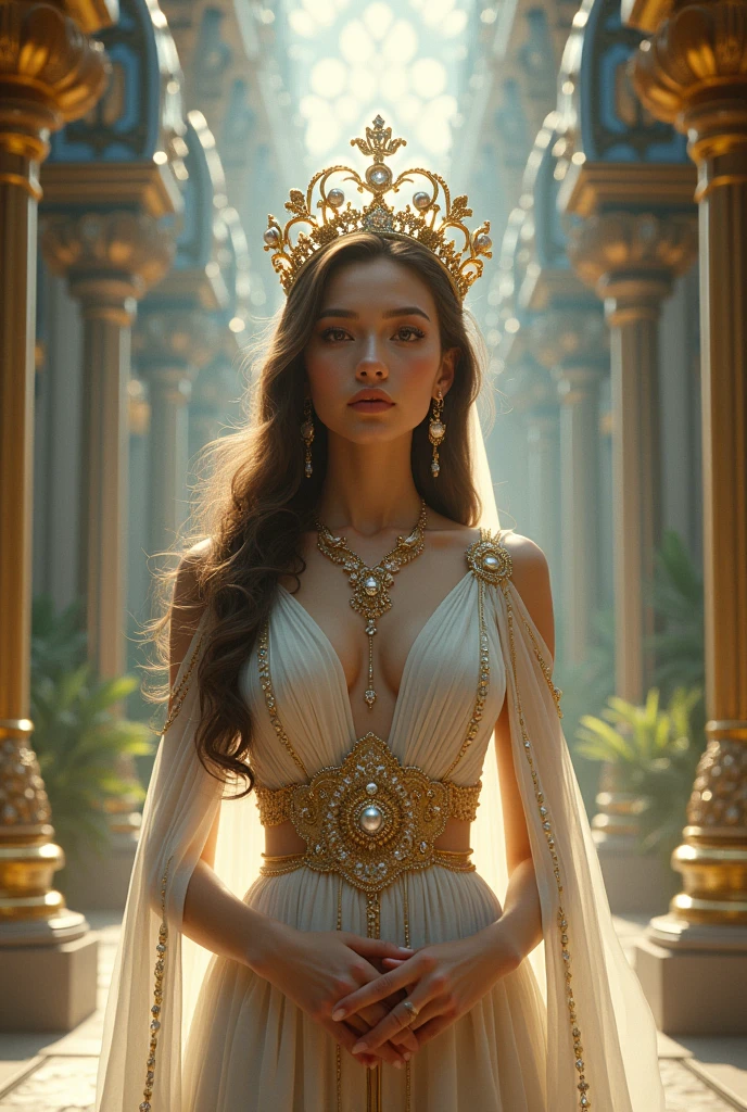 Ethereal Goddess Portrait, complex, elegant, Very detailed, Digital Painting, Art Station, Concept Art, Smooth, Clear focus, illustration, artist:artgerm、greg rutkowski、Alphonse Mucha's、william - adolphe bouguereau 和 stephanie law , Epic Royal Background, Grand Royal Uncut Tiara, Royal Jewels, robot, nature, panoramic, symmetry, Greg Rutkowski, charlie bowater, beeping sounds, Unreal 5, Surrealism, Dynamic Lighting, Fantasy Art