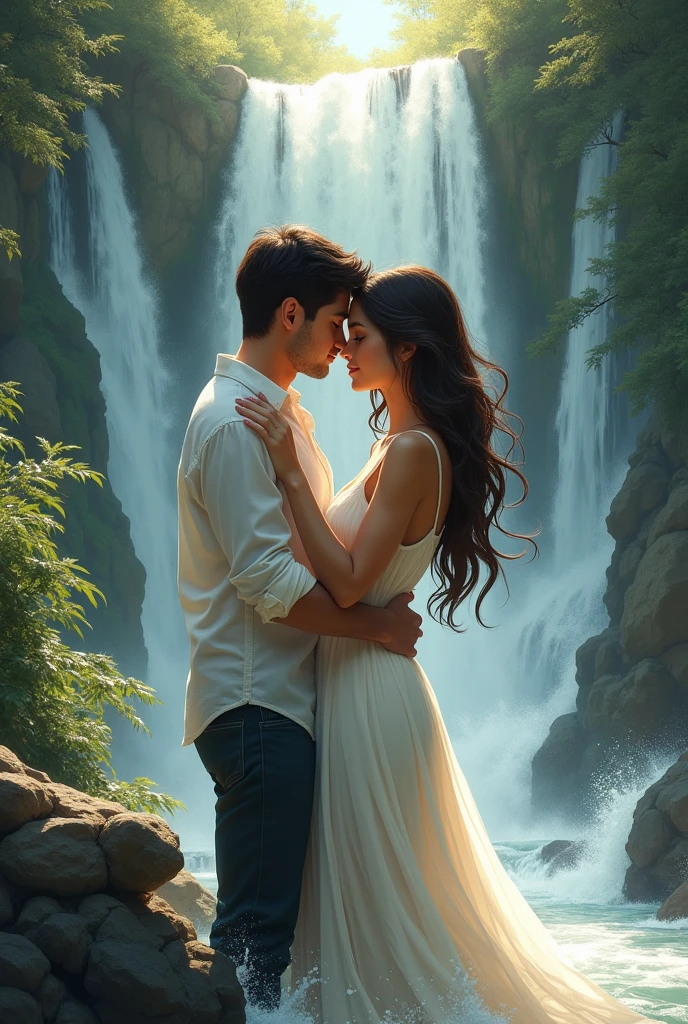 a book cover, the background is waterfalls with lovers on it