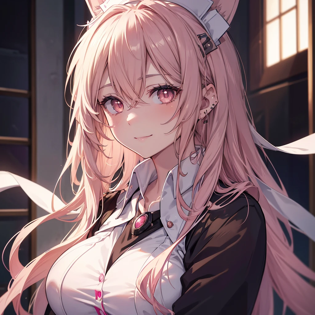 a beautiful detailed portrait of a long-haired nurse with no hat, large breasts, in an anime style, high resolution, photorealistic, dramatic chiaroscuro lighting, intricate details, piercing gaze, ominous aura, beautiful brown eyes, sharp facial features, strong presence, rabbit ears, pink eyes,smile,