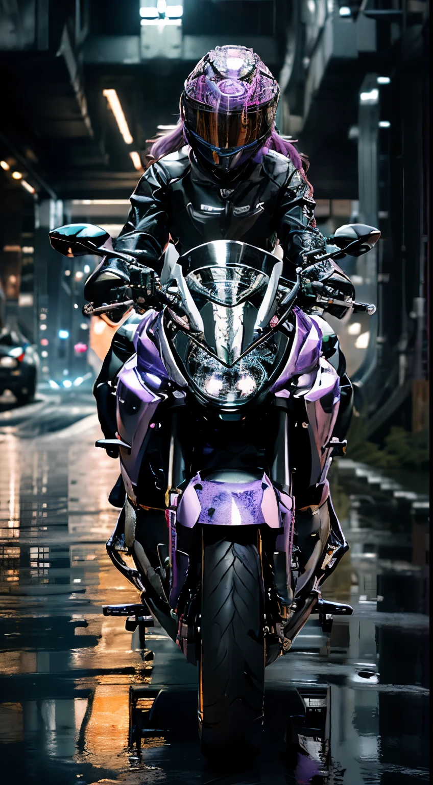 Highest image quality, Excellent details, Ultra-high resolution, (Honesty: 1.4), Best example, Favor the details, Highly concentrated 1girl, Beautiful face, Wearing purple and silver mecha, Wearing a mecha helmet, Hold the directional controller, Riding a motorcycle, The background is a high-tech lighting scene of a future city.Motion Blur