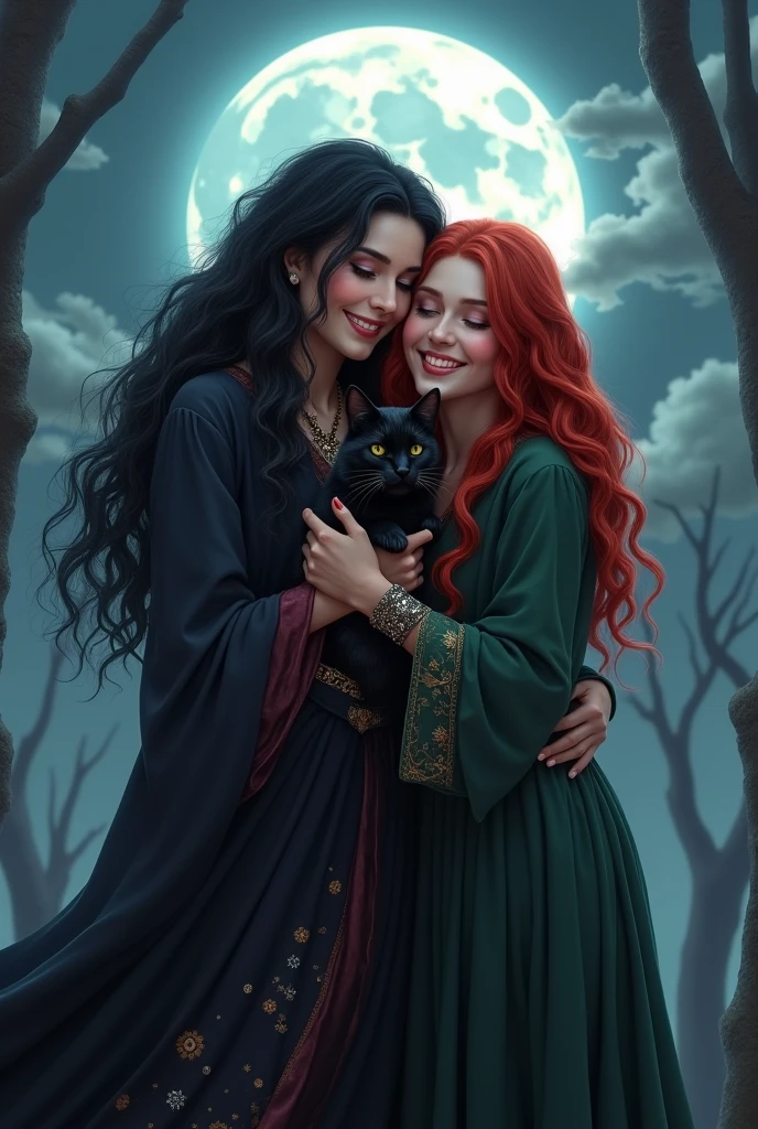 Black haired robust witch mom with her red haired adult witch daughter smiling with the moon in the background and a black cat