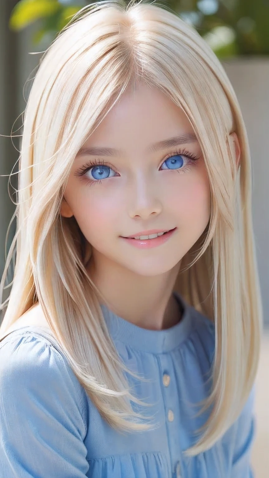 True Photo Quality、A beautiful girl、Extraordinary sexy beauty、Beautiful calm and bright expression、Sexy refreshing look、Long bangs that fall on a perfect beautiful cute face、Super long blonde straight silky hair、blonde on a beautiful face、Very cute beautiful sexy young little woman、Very perfect beautiful cute face、Beautiful bright sky blue eyes、Very big eyes、Hair above the eyes、片Hair above the eyes、Hair between the eyes、Very radiant white skin、Cheek gloss、Small Face Beauty、round face