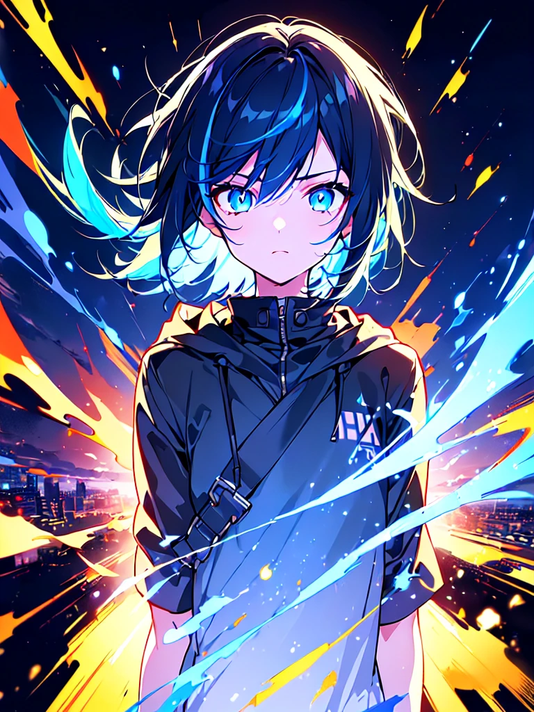 [(BLACK BACKGROUND:1.5),::5], ((((masterpiece)))), high quality, ultra very high resolution, full color, (((solo))), ((little boy)), BLACK short hair, ((Blue streaked hair)), (oriental deepblue eyes), anime, ((upper body)), Summer clothes, neon light, black parka, glaring