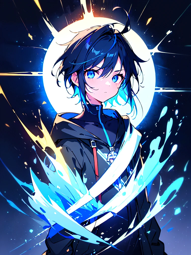 [(BLACK BACKGROUND:1.5),::5], ((((masterpiece)))), high quality, ultra very high resolution, full color, (((solo))), ((little boy)), BLACK hair, (Blue streaked hair), (oriental deepblue eyes), anime, ((upper body)), Summer clothes, neon light, black parka, 