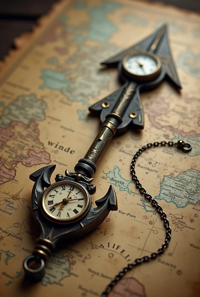 An arrow with a body like this has a compass rose, a pocket watch and an anchor as a tip with a trail on top of a map